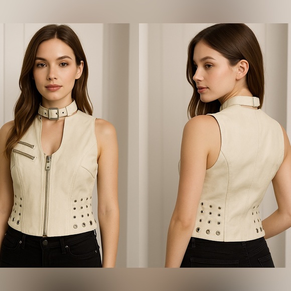 BLANC NOIR Sample Peek A Boo Leather Studded Grommet Vest Pockets Bone White S - Picture 1 of 13
